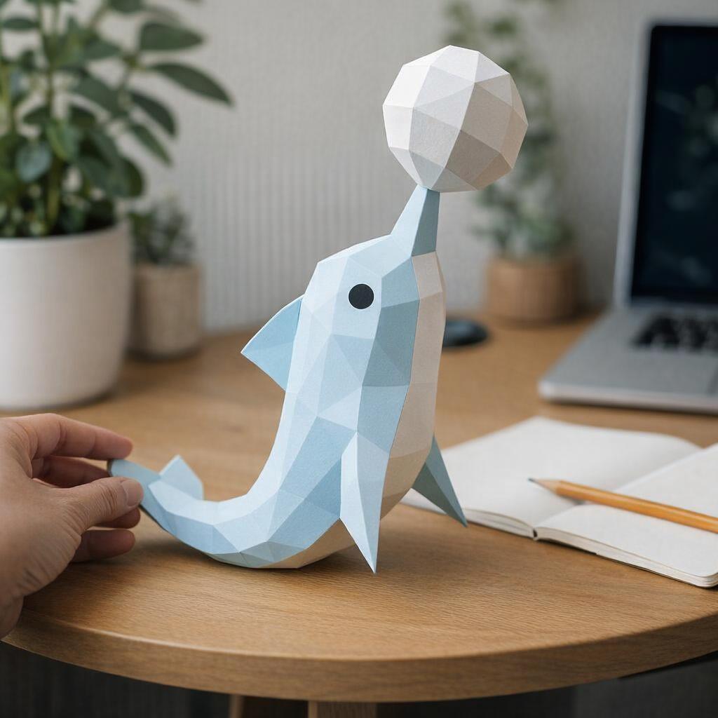 Papercraft de dauphin équilibrant une balle en origami 3D