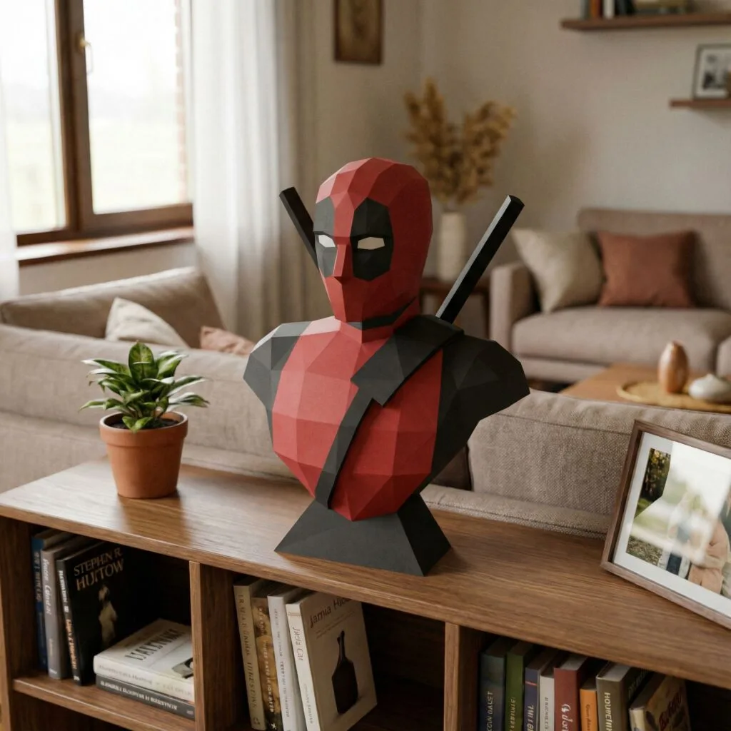 Papercraft buste de Deadpool sur socle en origami 3D