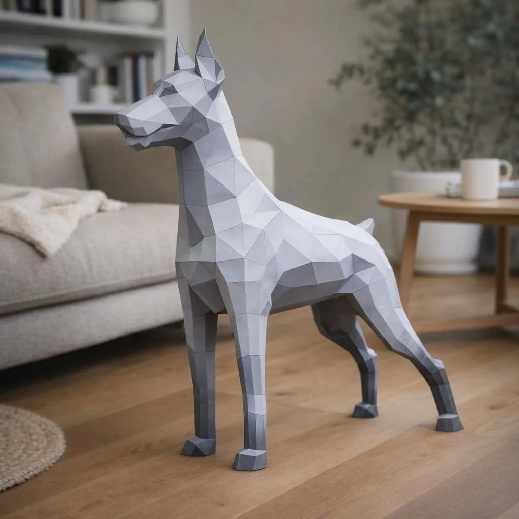 Papercraft cabeza de dóberman mural en origami 3D