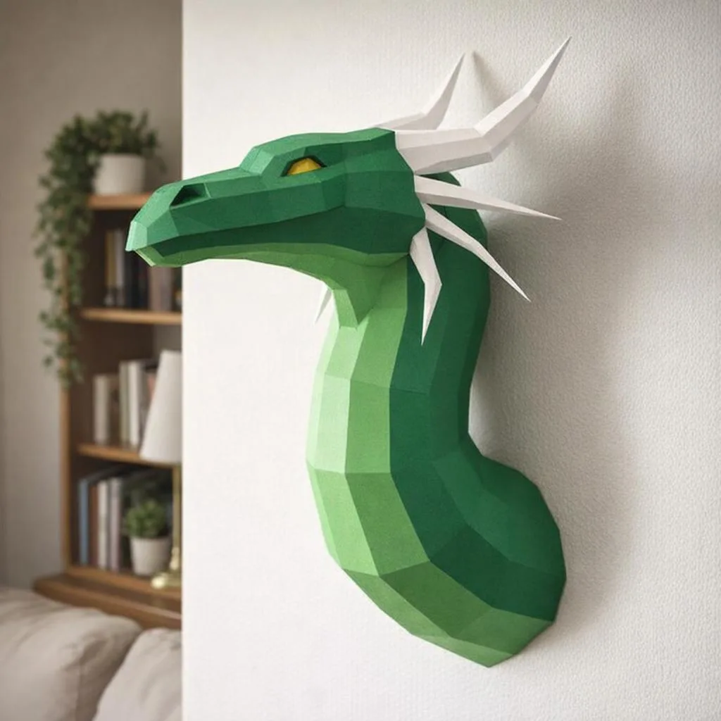 3D-Origami-Papercraft grüner Drachenkopf aus Papier