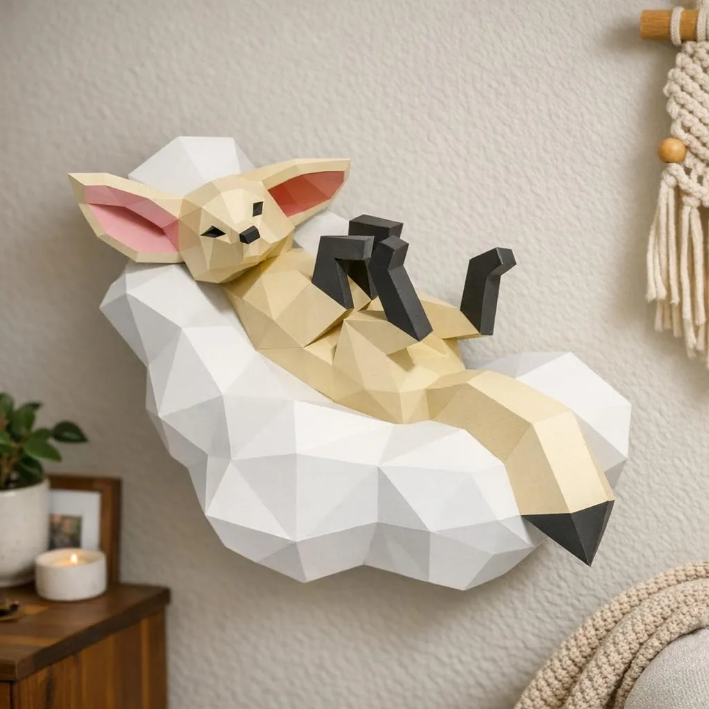 Papercraft de fénec sobre nube en origami 3D