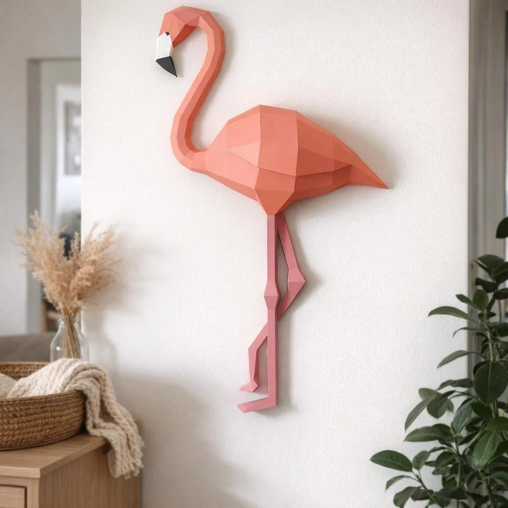 Papercraft de flamingo rosa inteiro mural em origami 3D