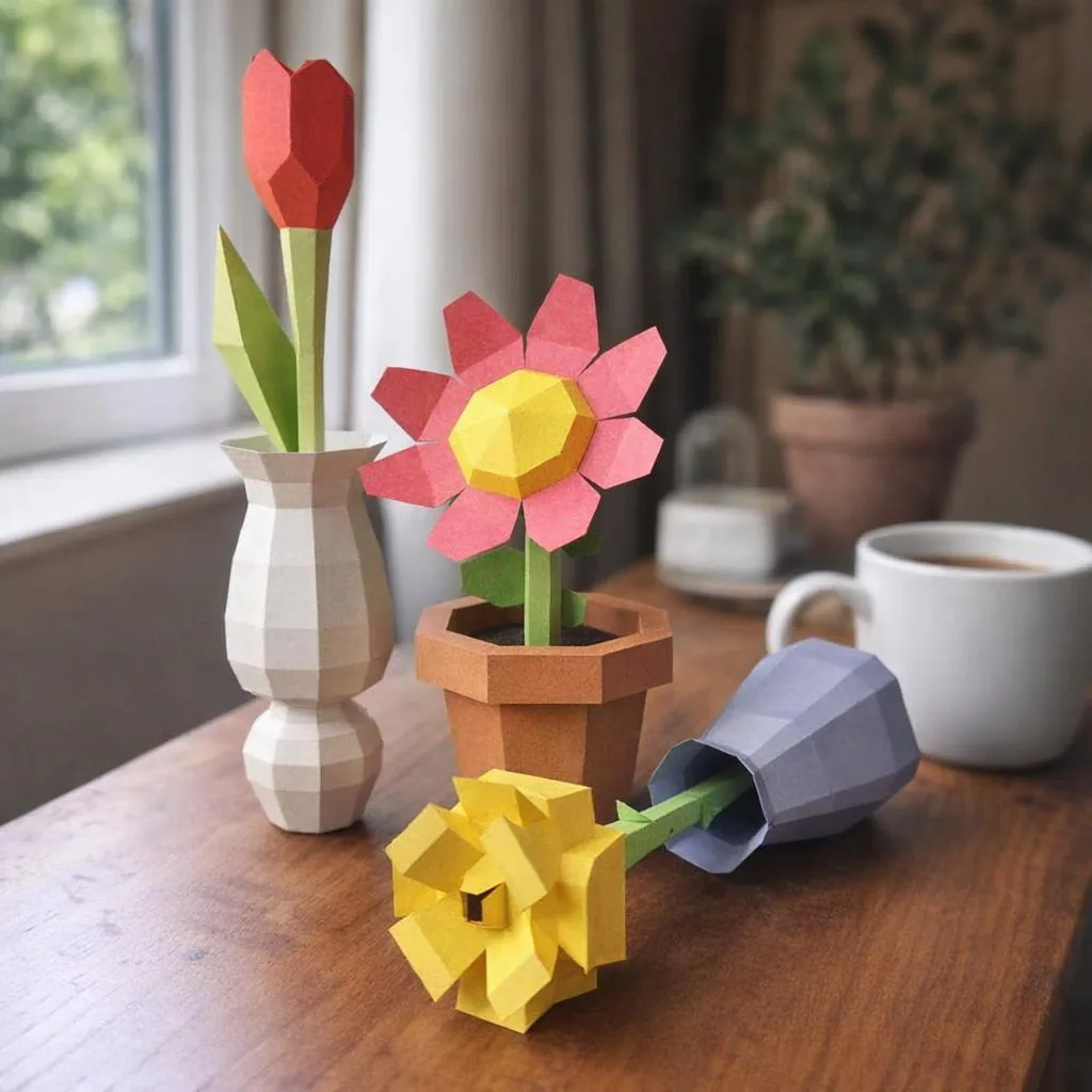 Ensemble de fleurs en origami 3D utilisé comme centre de table élégant en papier