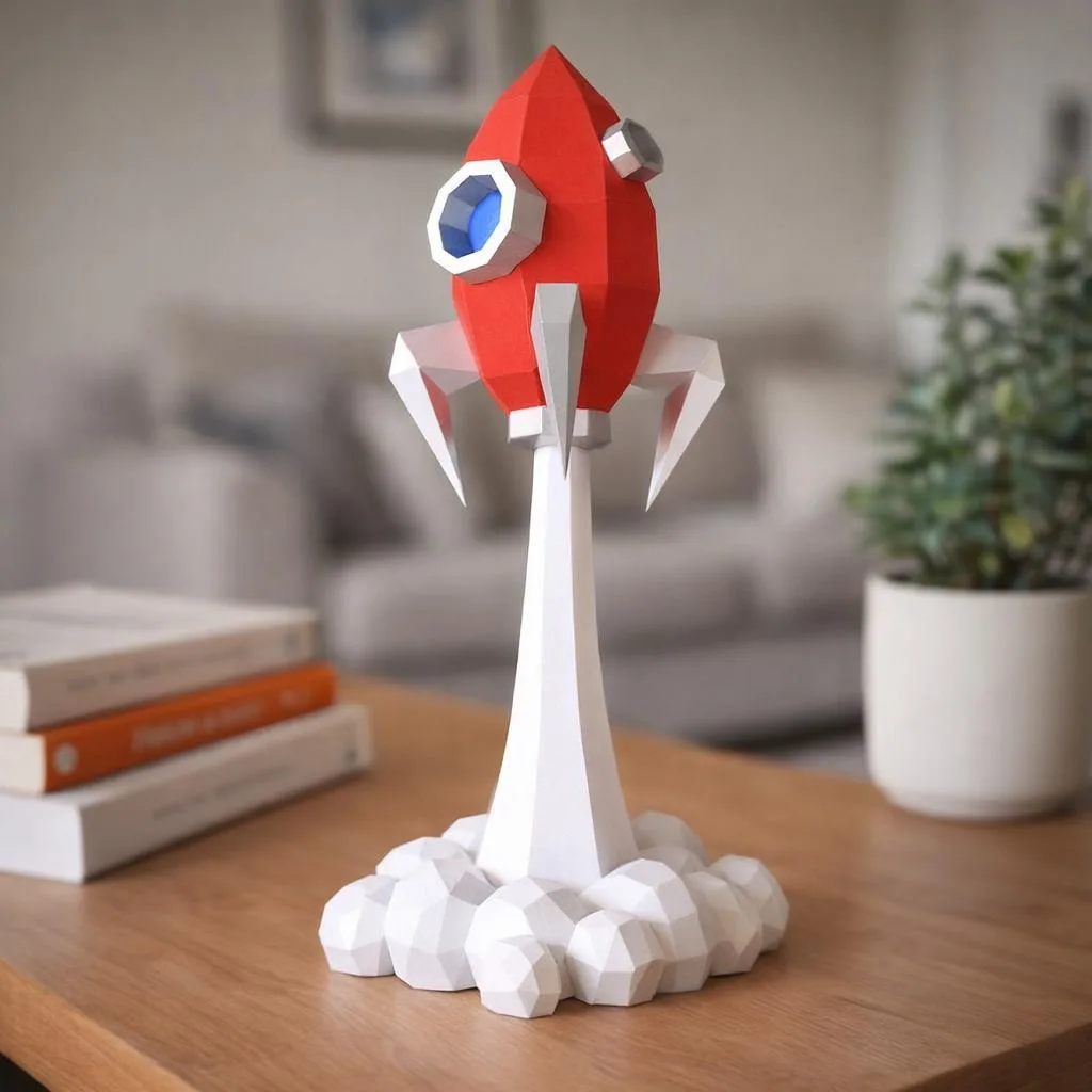 Papercraft de cohete despegando en origami 3D