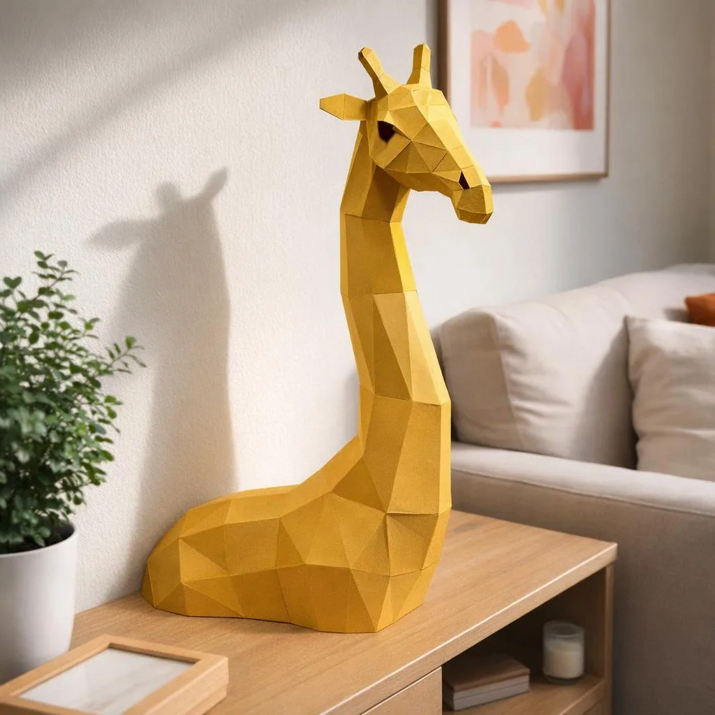 Yellow standing giraffe 3D origami papercraft
