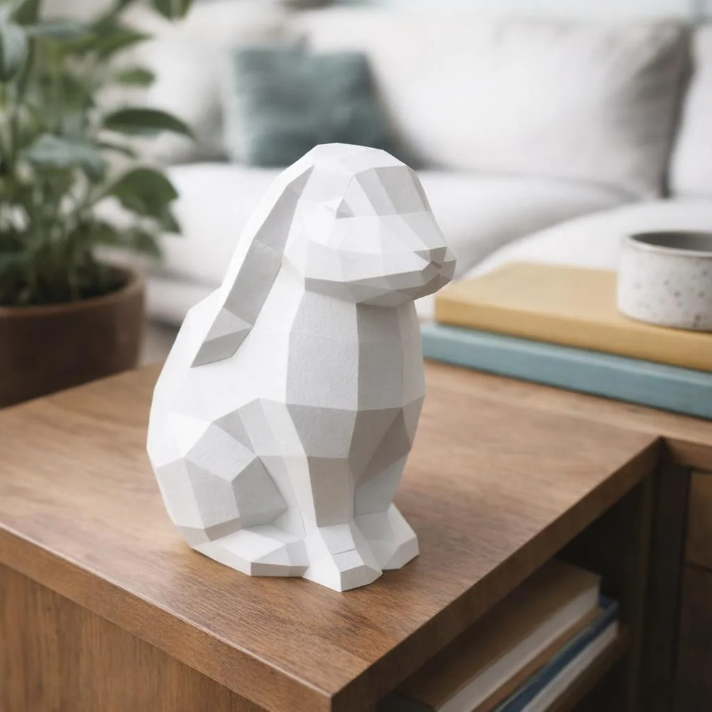 Papercraft de coelho sentado branco em origami 3D