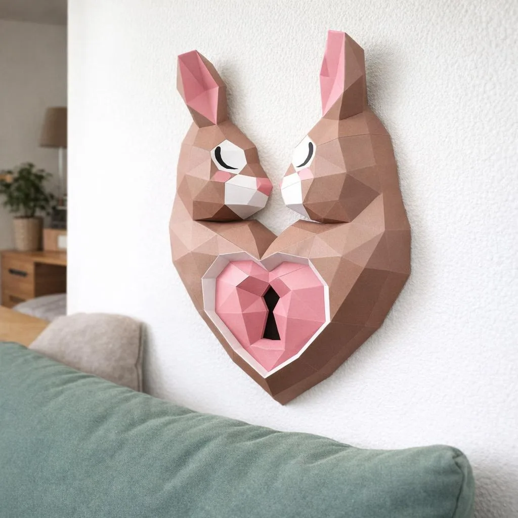 Papercraft de coelho com coração em origami 3D
