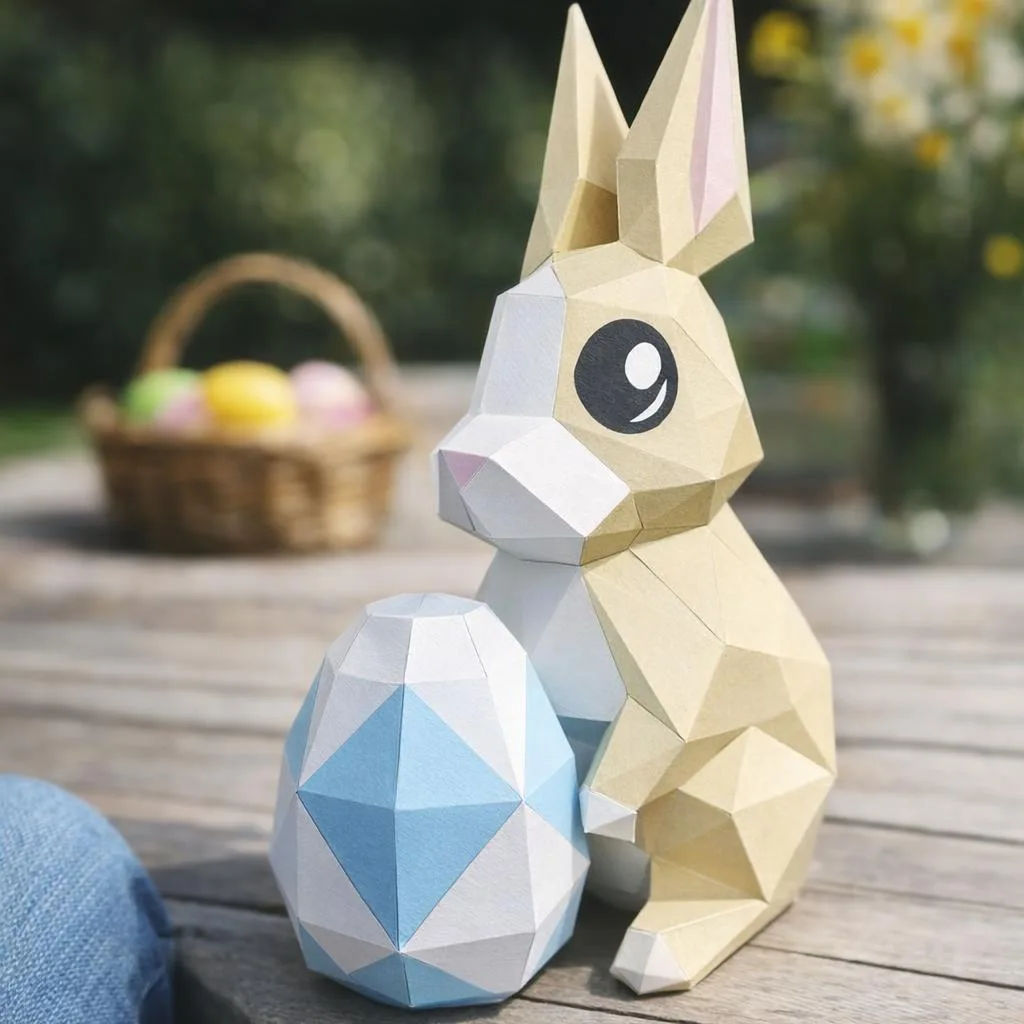 Papercraft di coniglio di Pasqua seduto in origami 3D
