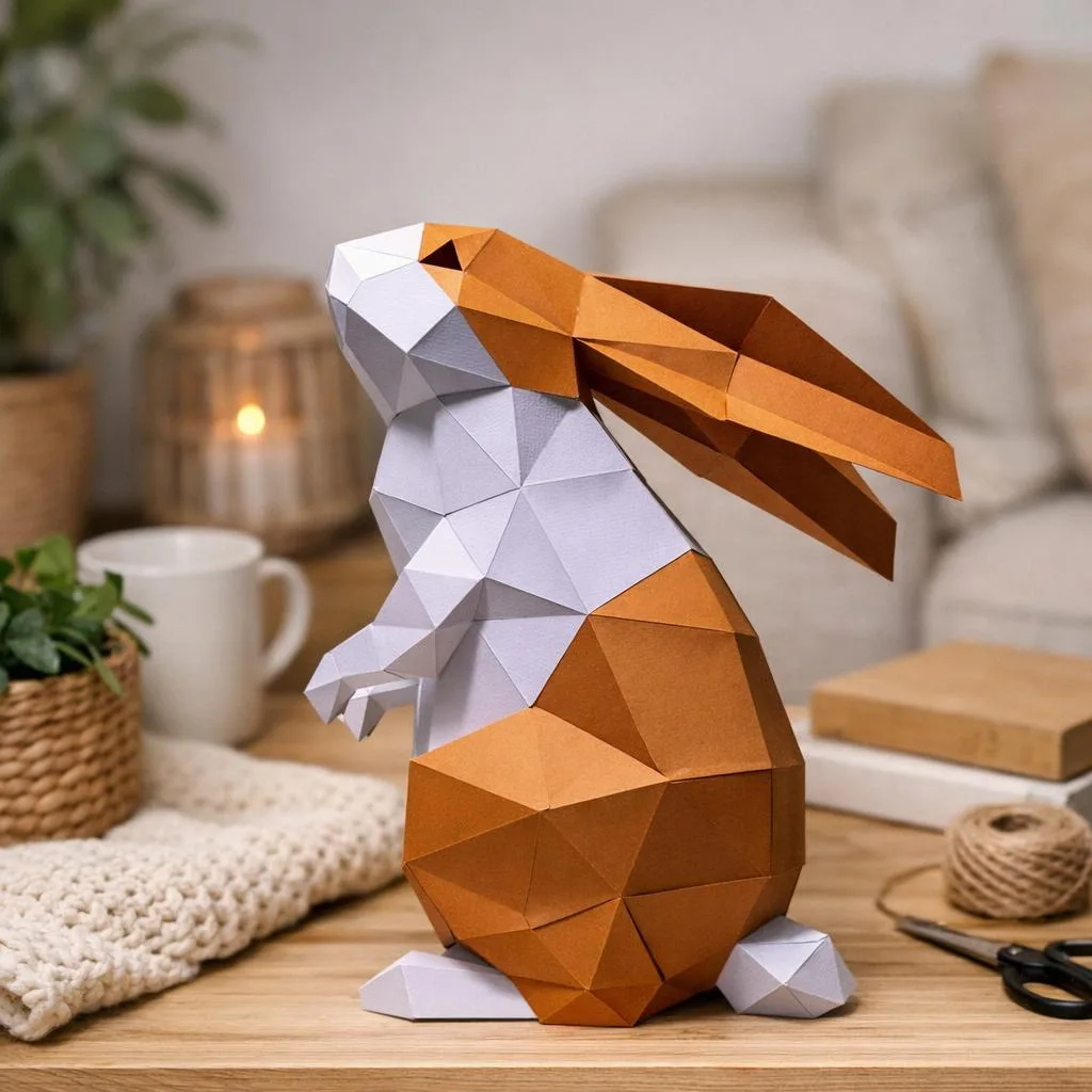 Papercraft di coniglio in piedi bianco e fulvo in origami 3D