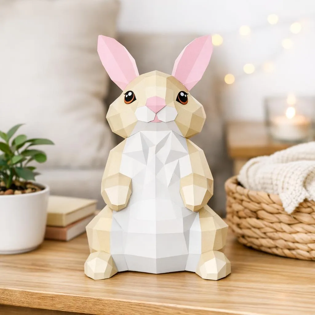 Papercraft de coelho bege em origami 3D