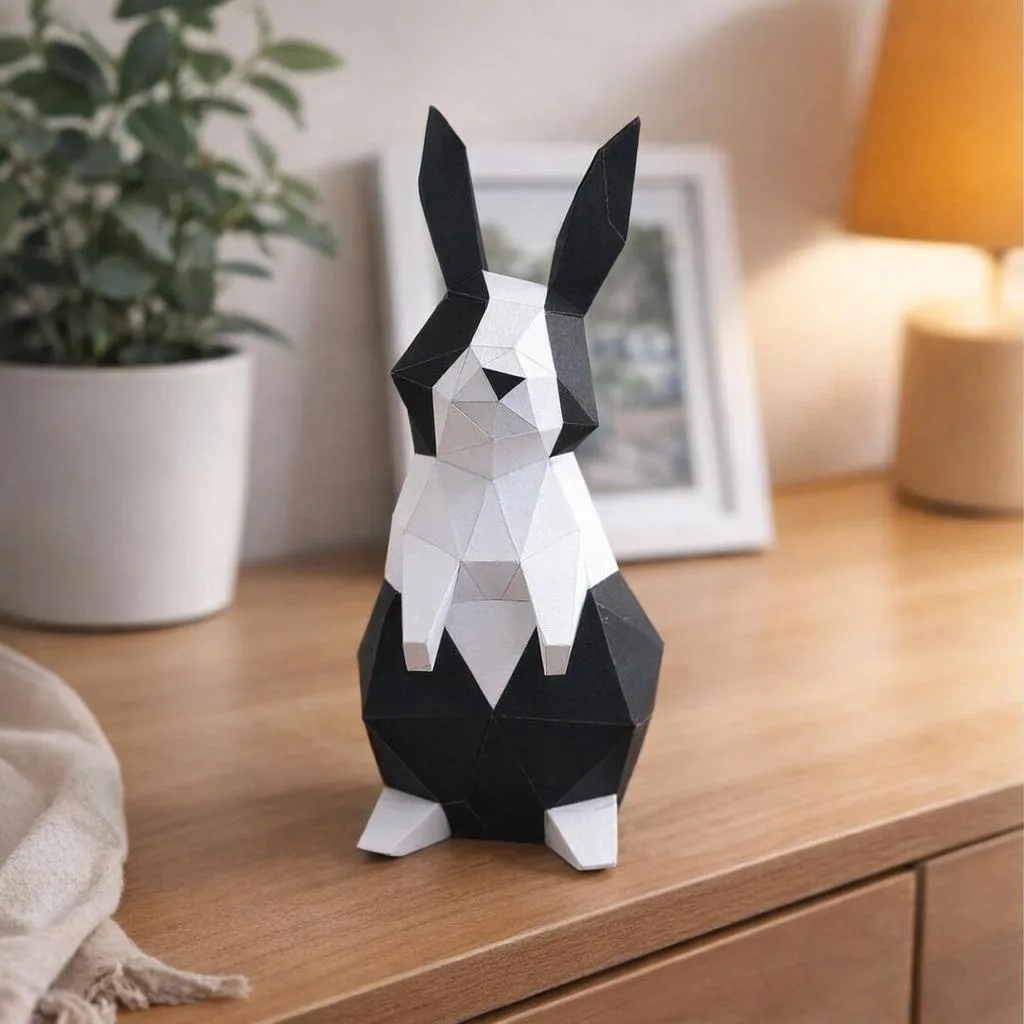 Papercraft schwarz-weißer Hase als 3D-Origami