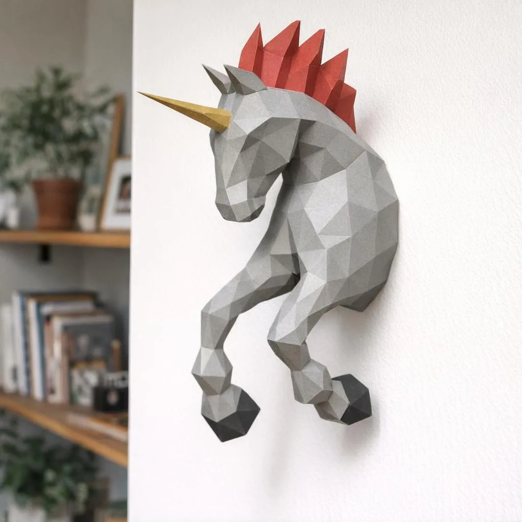 Papercraft di unicorno murale in origami 3D