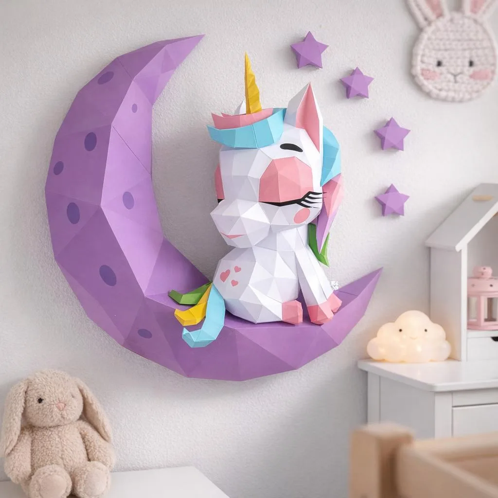 Papercraft de unicórnio na lua em origami 3D
