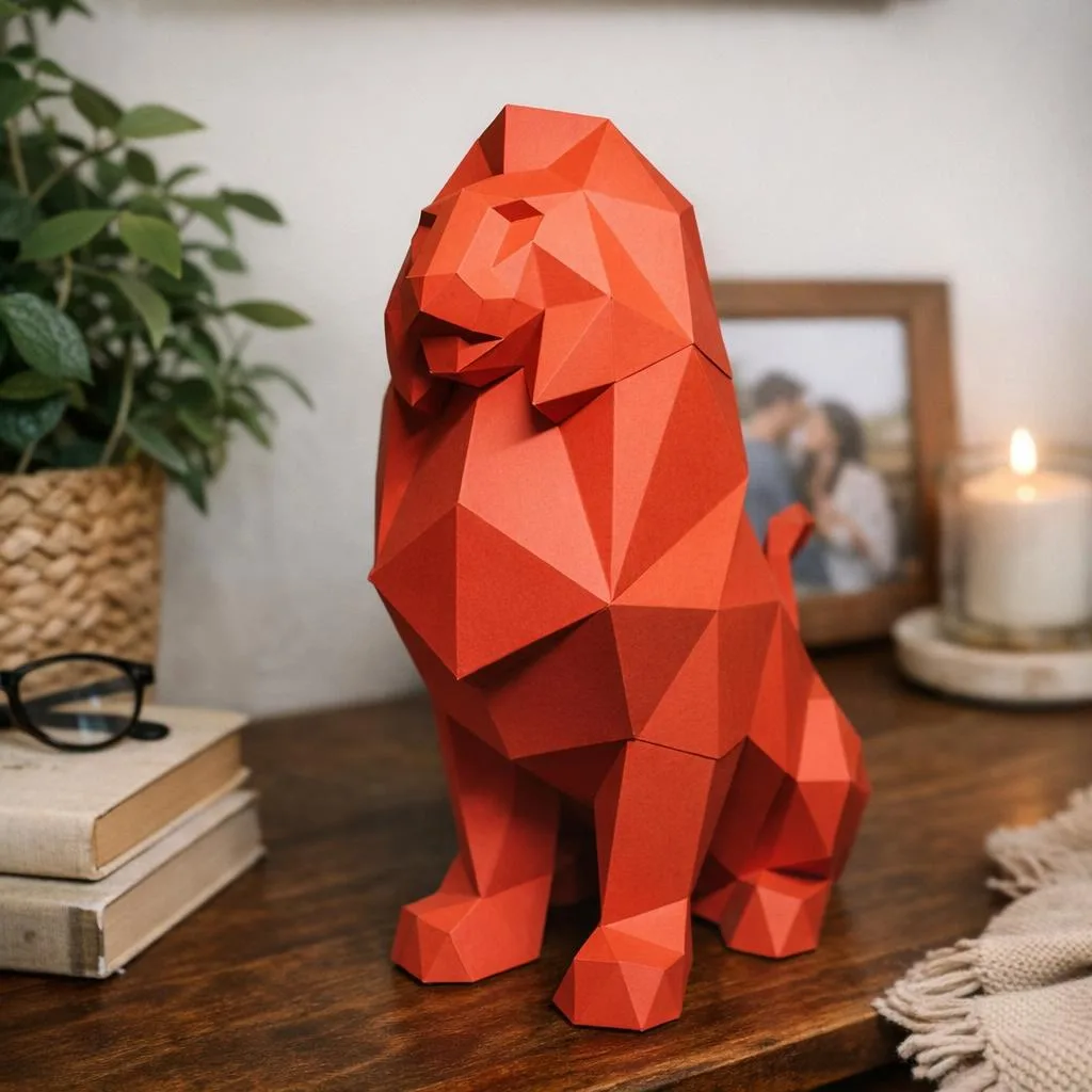 Papercraft de león sentado rojo en origami 3D