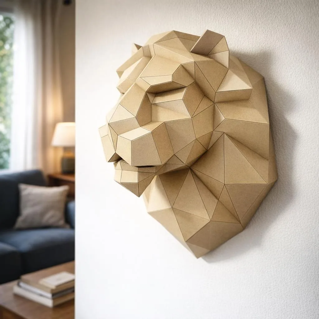 Papercraft de cabeça de leão de parede em origami 3D