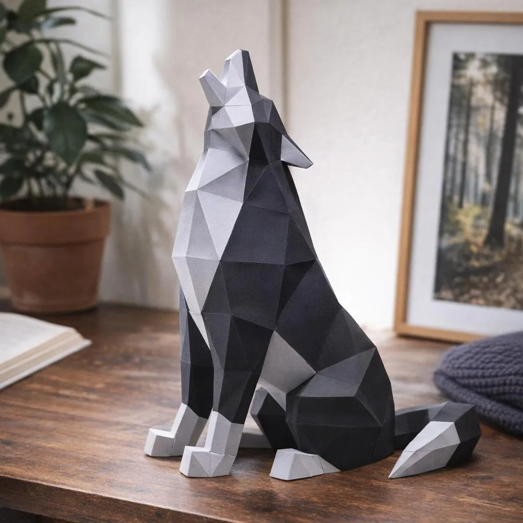 Papercraft di lupo seduto in origami 3D