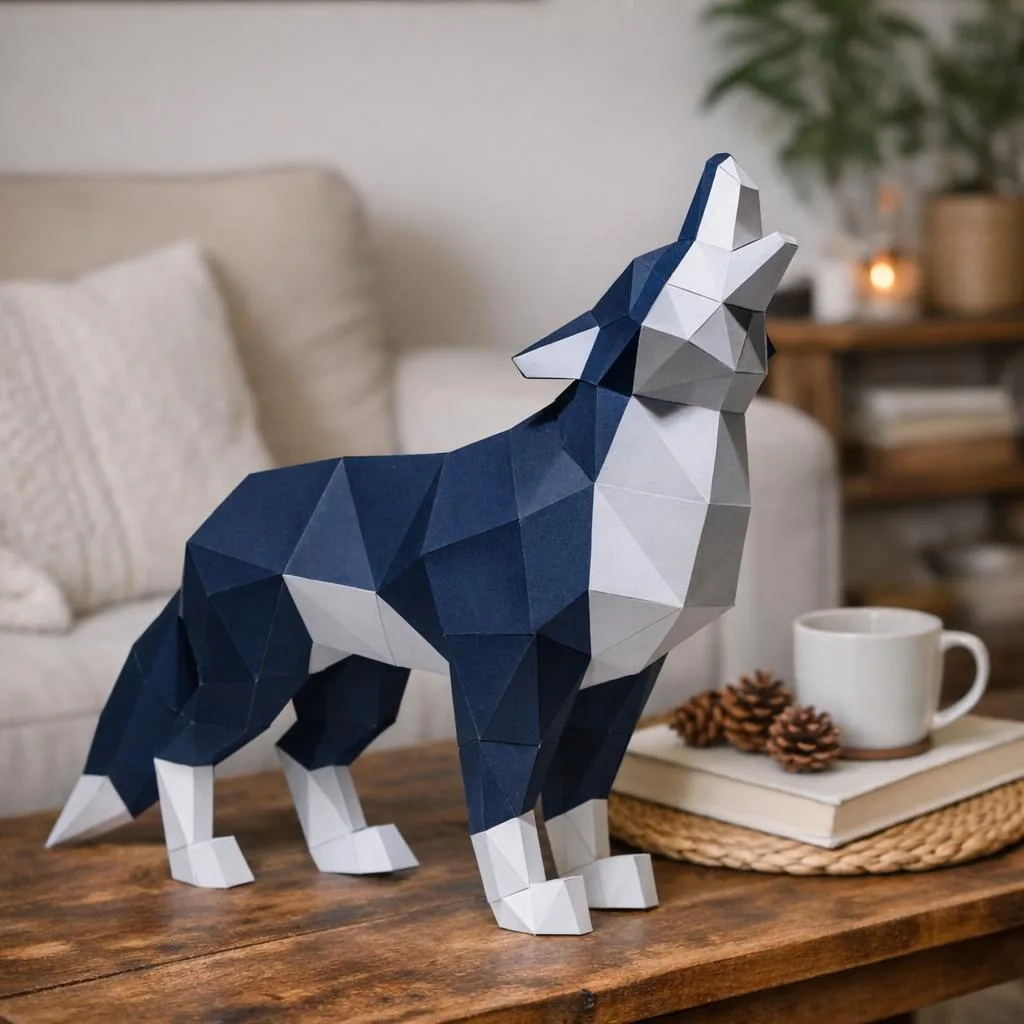 Papercraft blauer Wolf als 3D-Origami