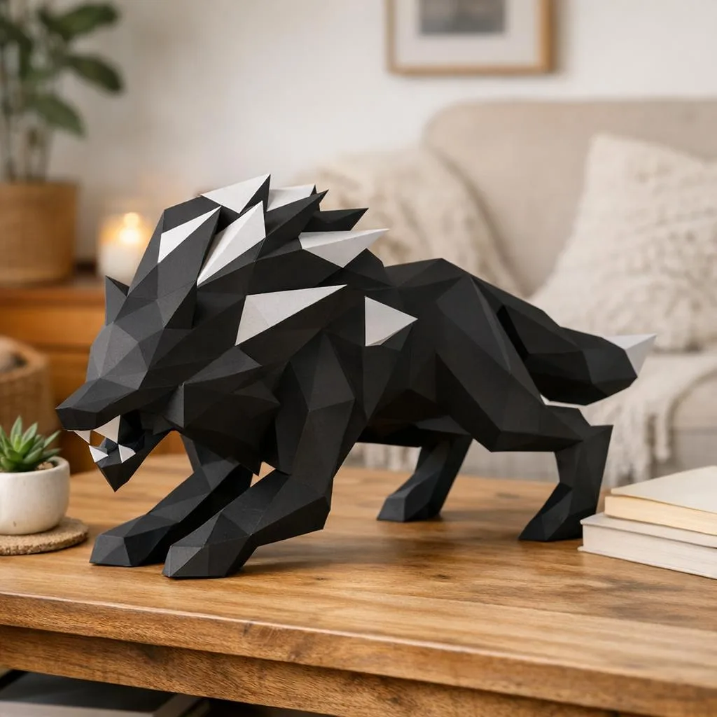 3D-Origami-Papercraft schwarzer Wolf