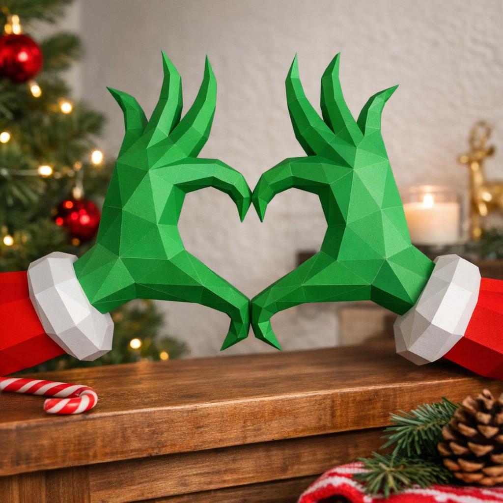 Papercraft de mains en cœur de grinch pour Noël