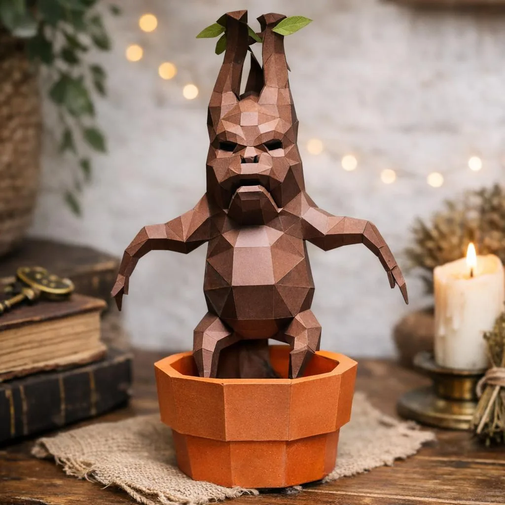 Papercraft de mandrágora em origami 3D