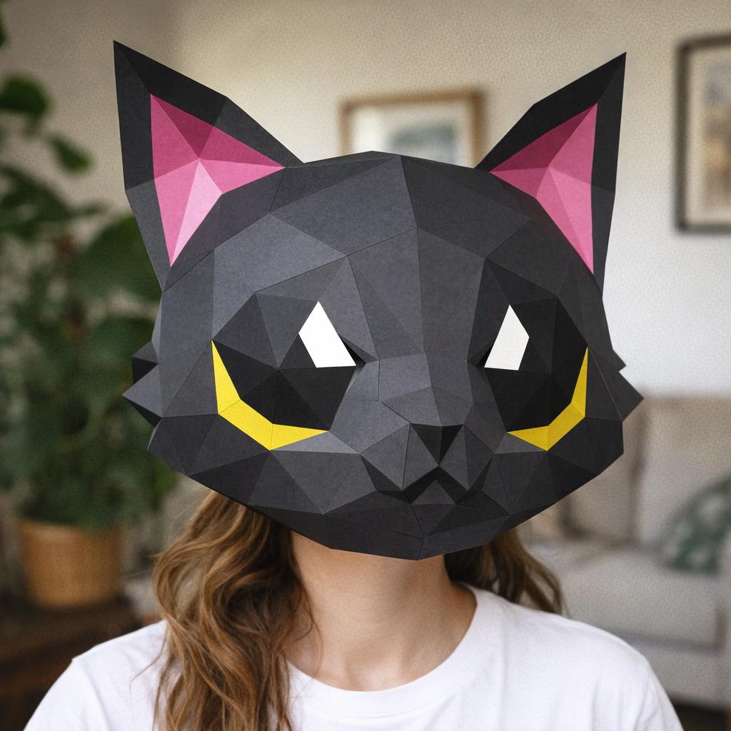 Papercraft de masque chat noir en origami 3D