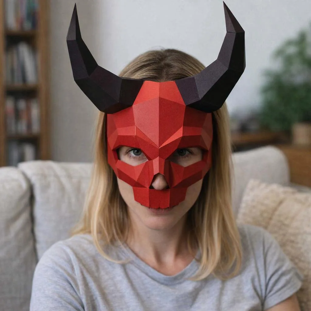 Papercraft de máscara de crânio com chifres em origami 3D