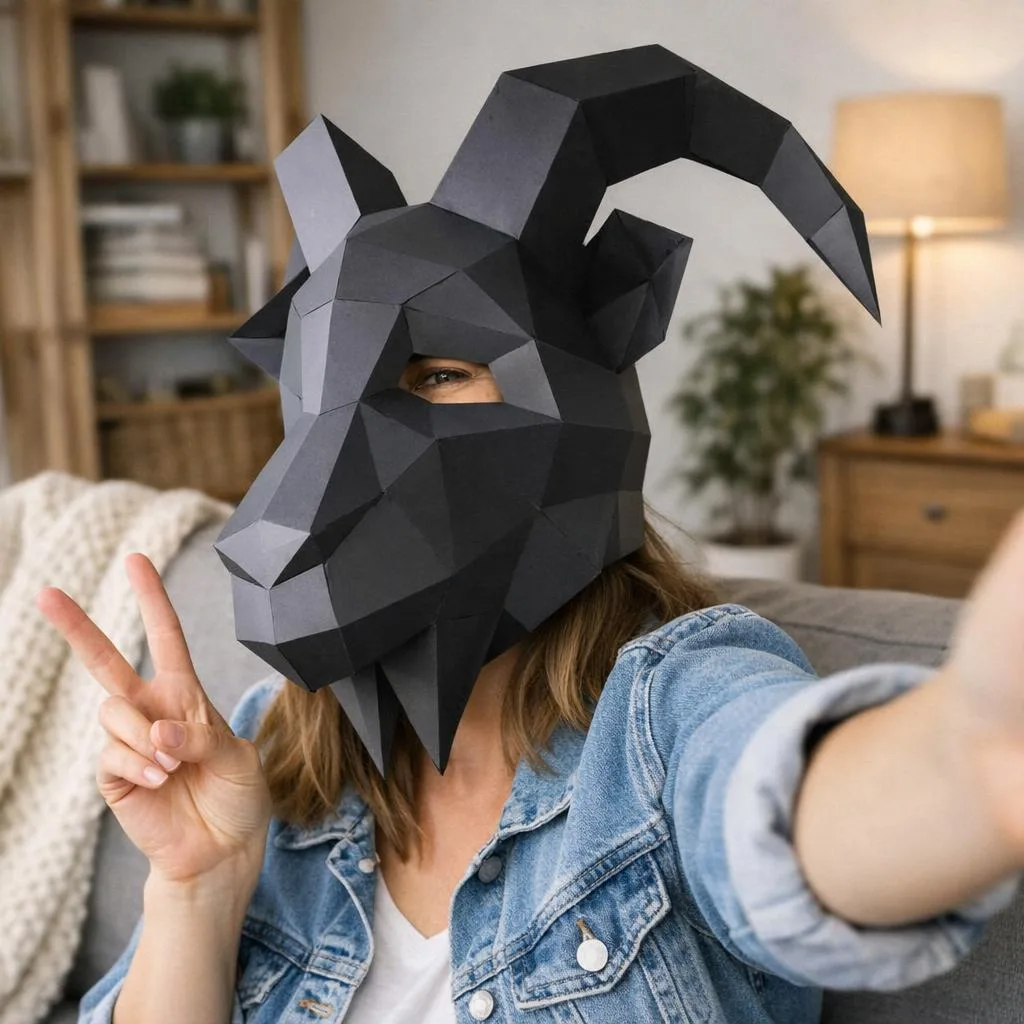 Papercraft de máscara de cabra em origami 3D