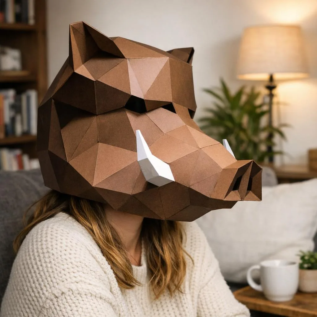Papercraft de máscara de jabalí en origami 3D