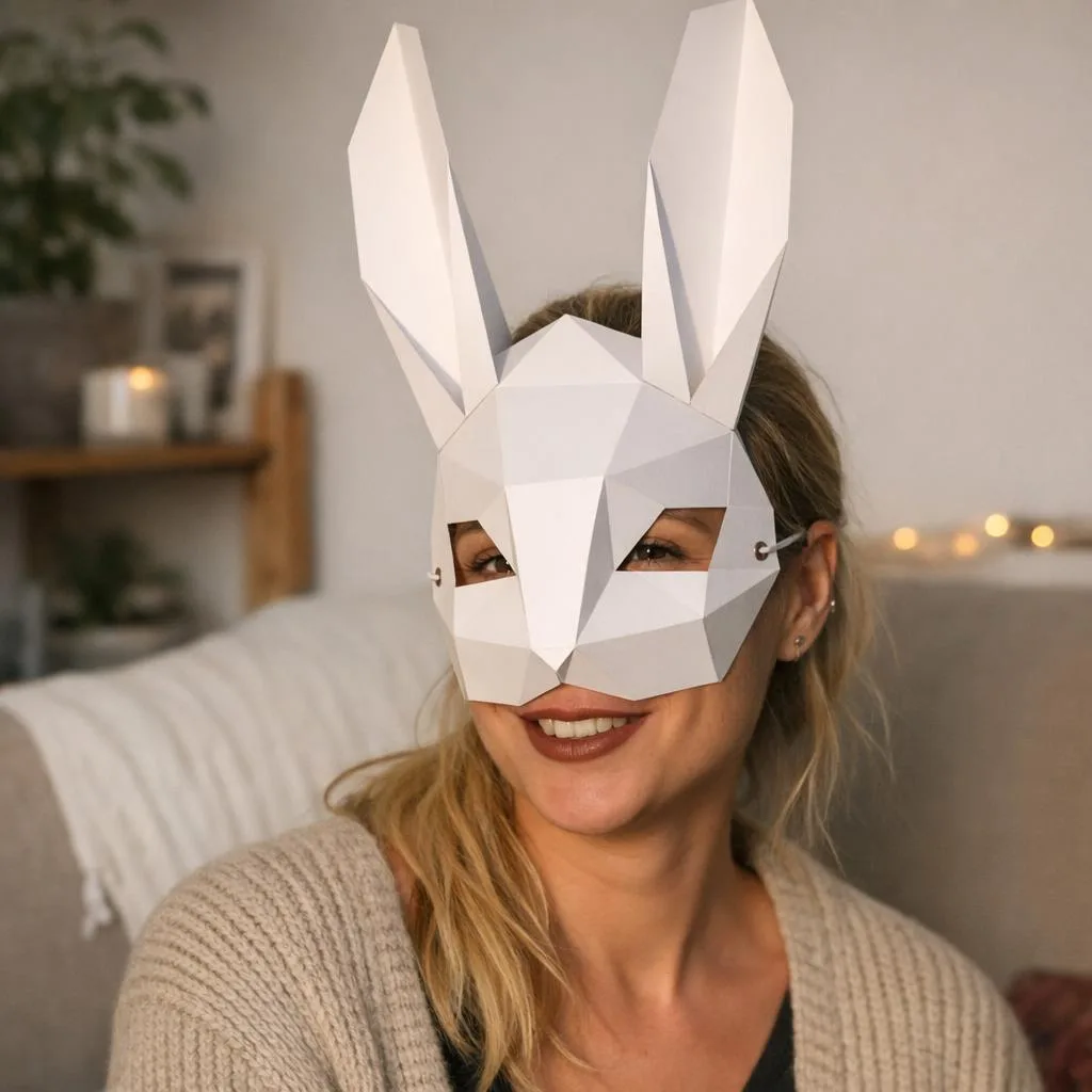 Papercraft maschera coniglio grigio in origami 3D