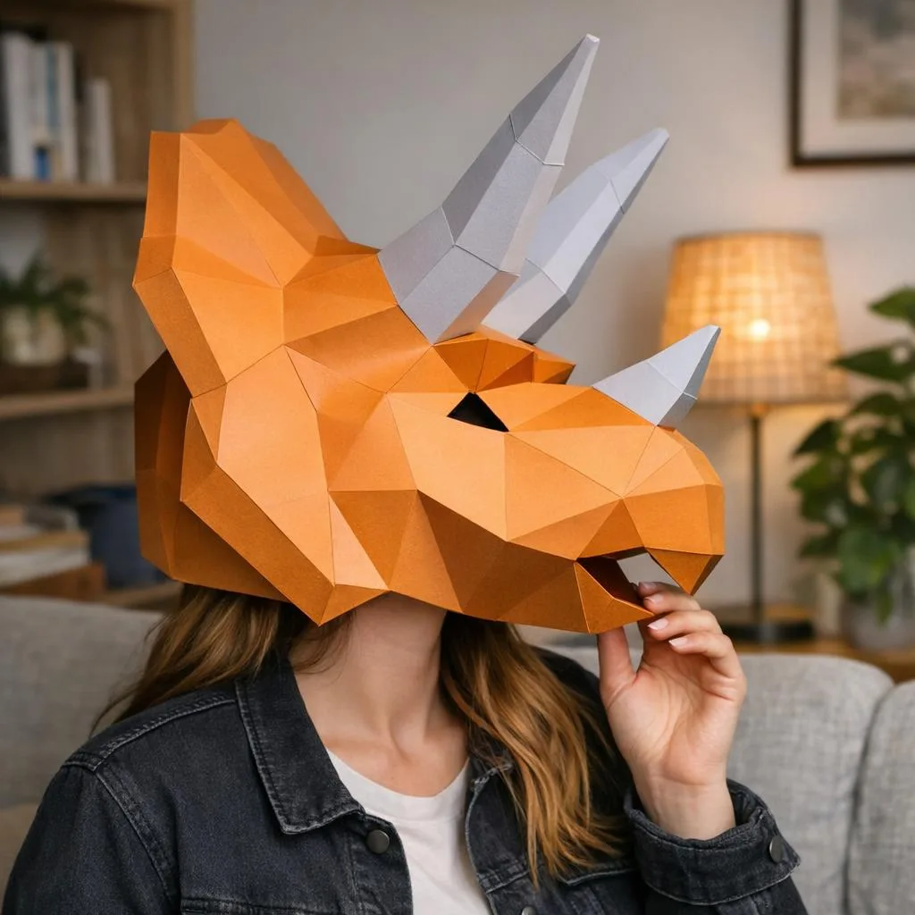 Papercraft de máscara de Triceratops em origami 3D