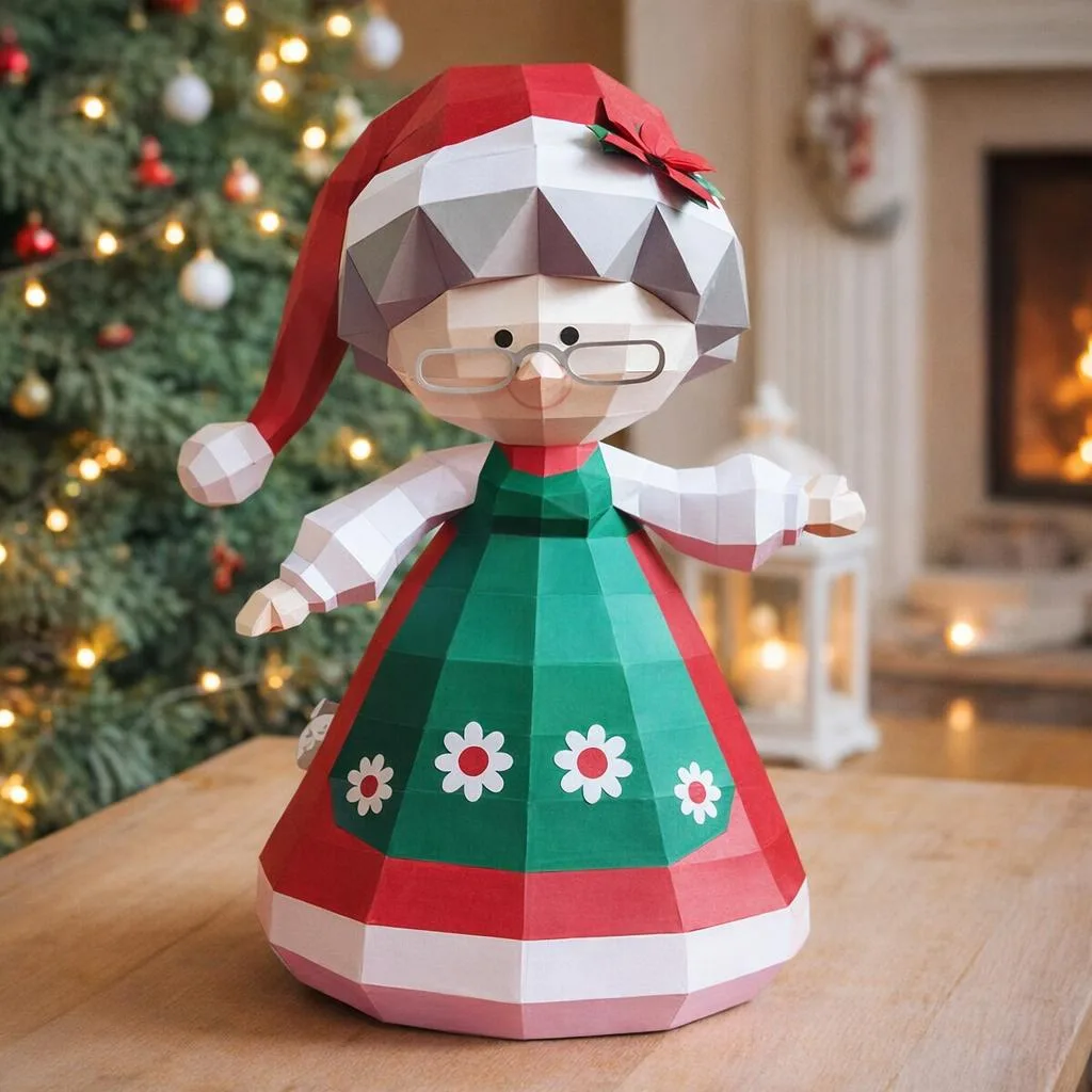 Papercraft der Frau Weihnachtsmann im Origami-Stil
