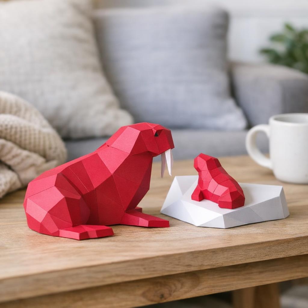 Papercraft de morse avec bébé en origami 3D