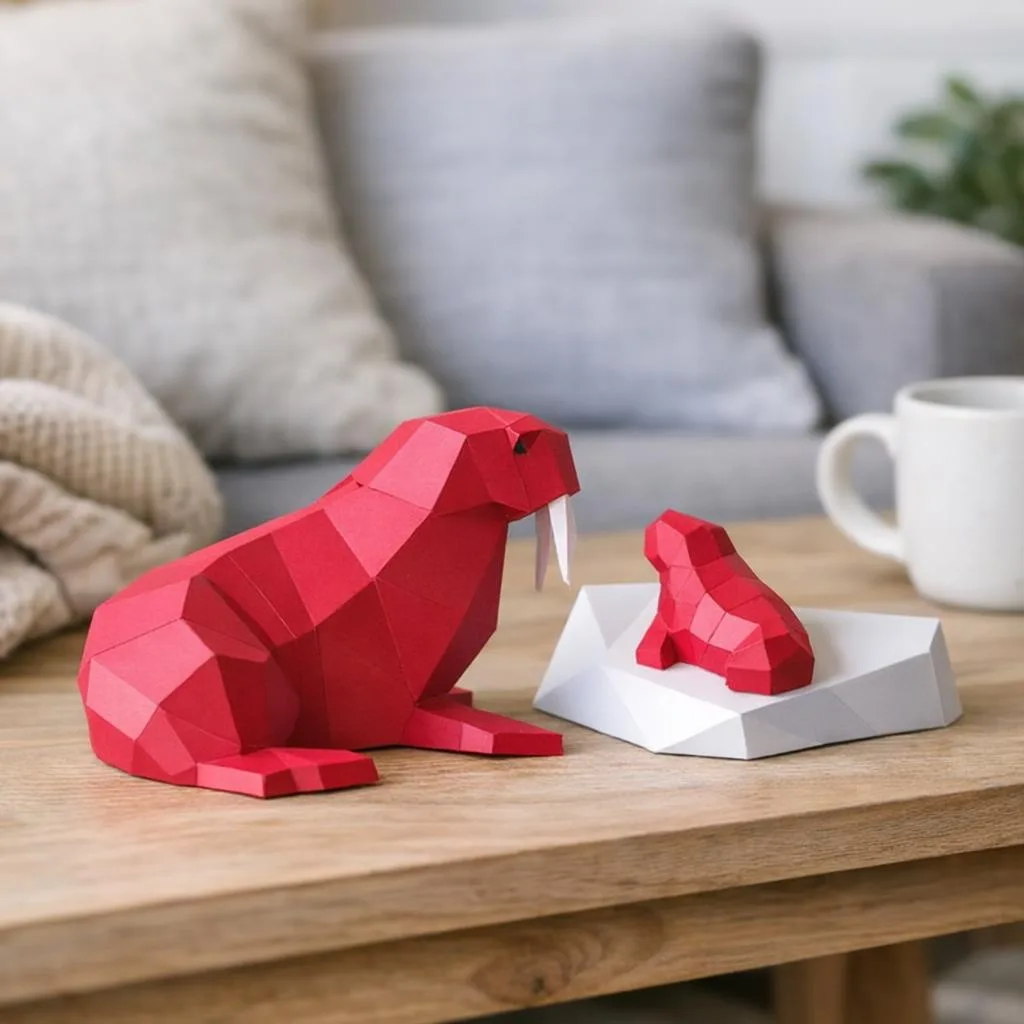 Papercraft Walross mit Baby als 3D-Origami