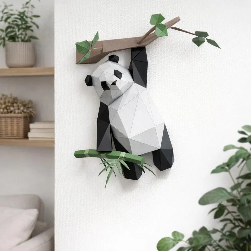Papercraft de panda trepando a su rama en origami 3D
