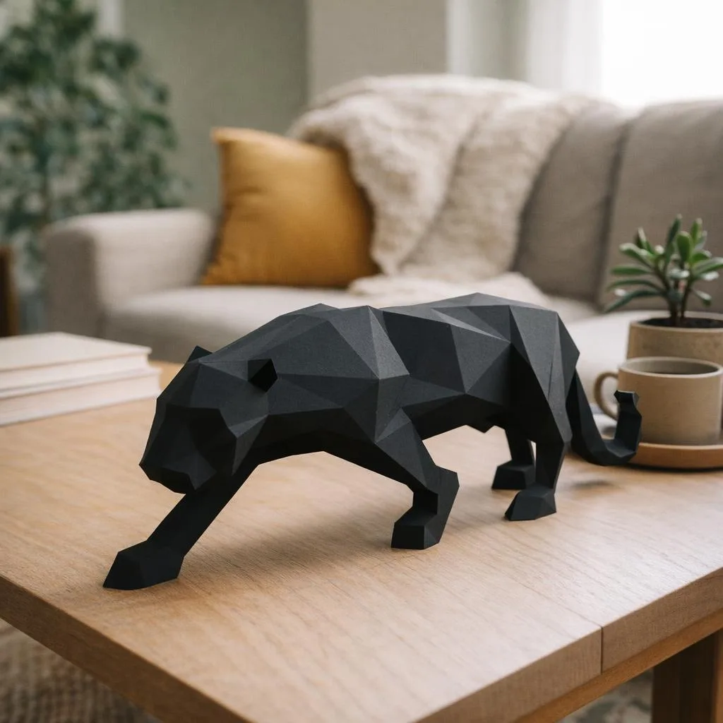 3D-Origami-Papercraft schwarzer Panther auf der Lauer