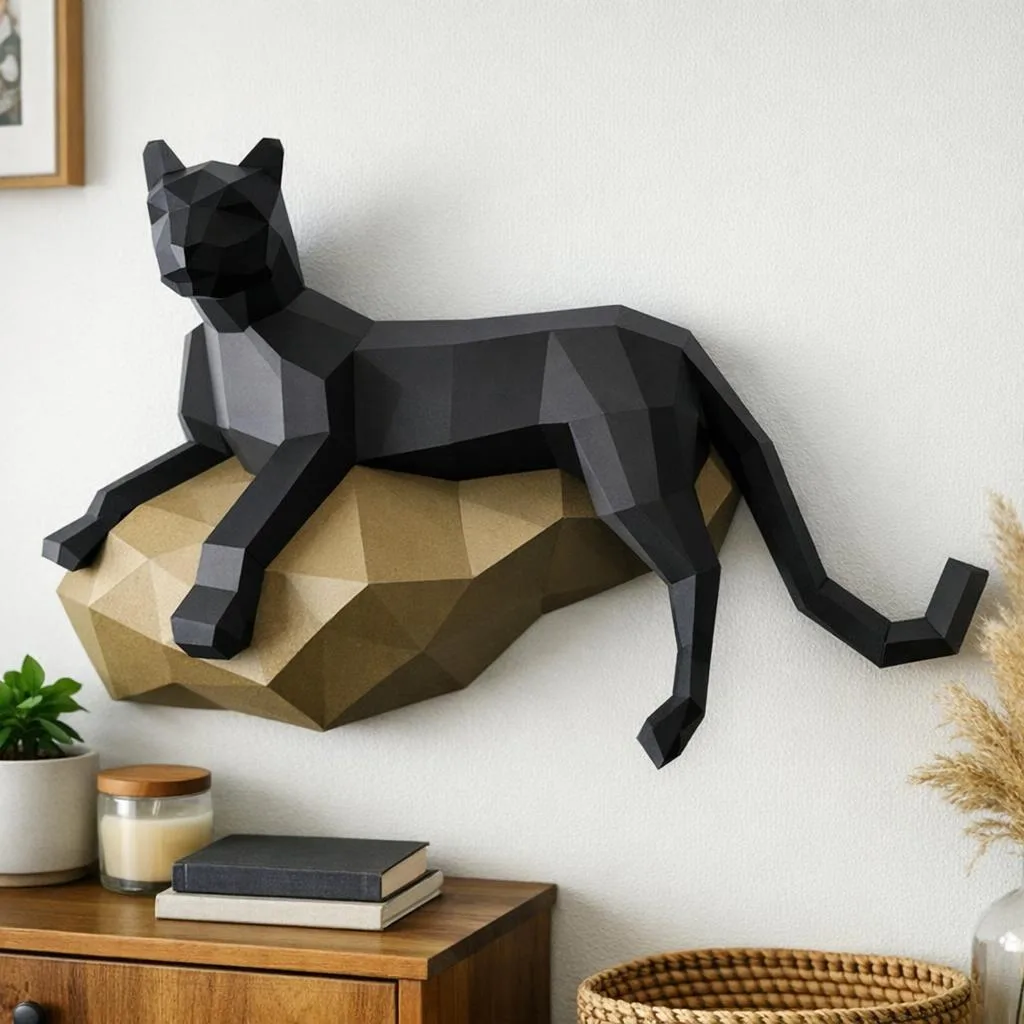 Papercraft de pantera negra sobre rocha mural em origami 3D