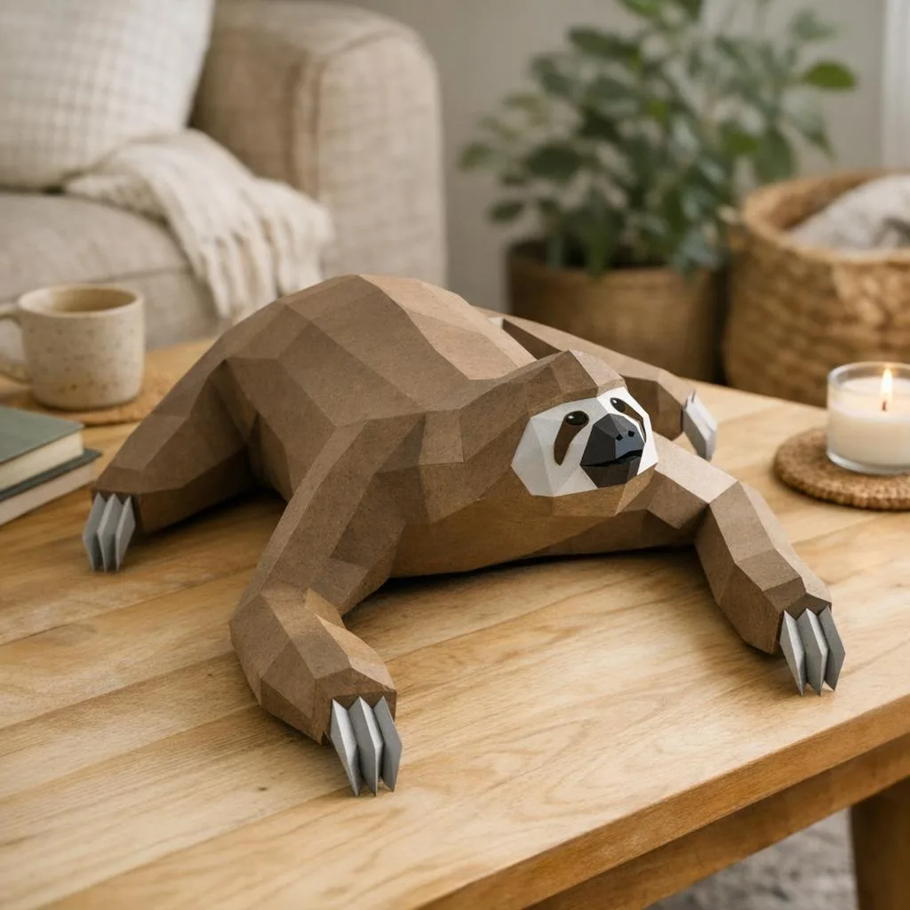 Papercraft eines liegenden Faultiers im Origami-Stil