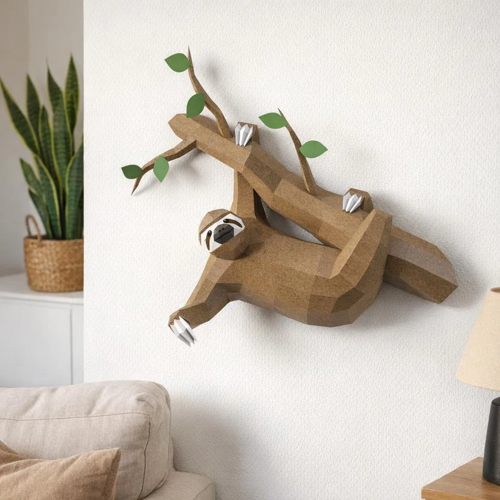 Origami-Papercraft eines Faultiers auf einem Ast