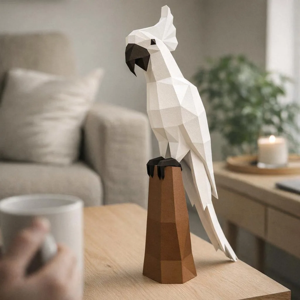 Weißer Papagei als 3D-Origami-Papercraft