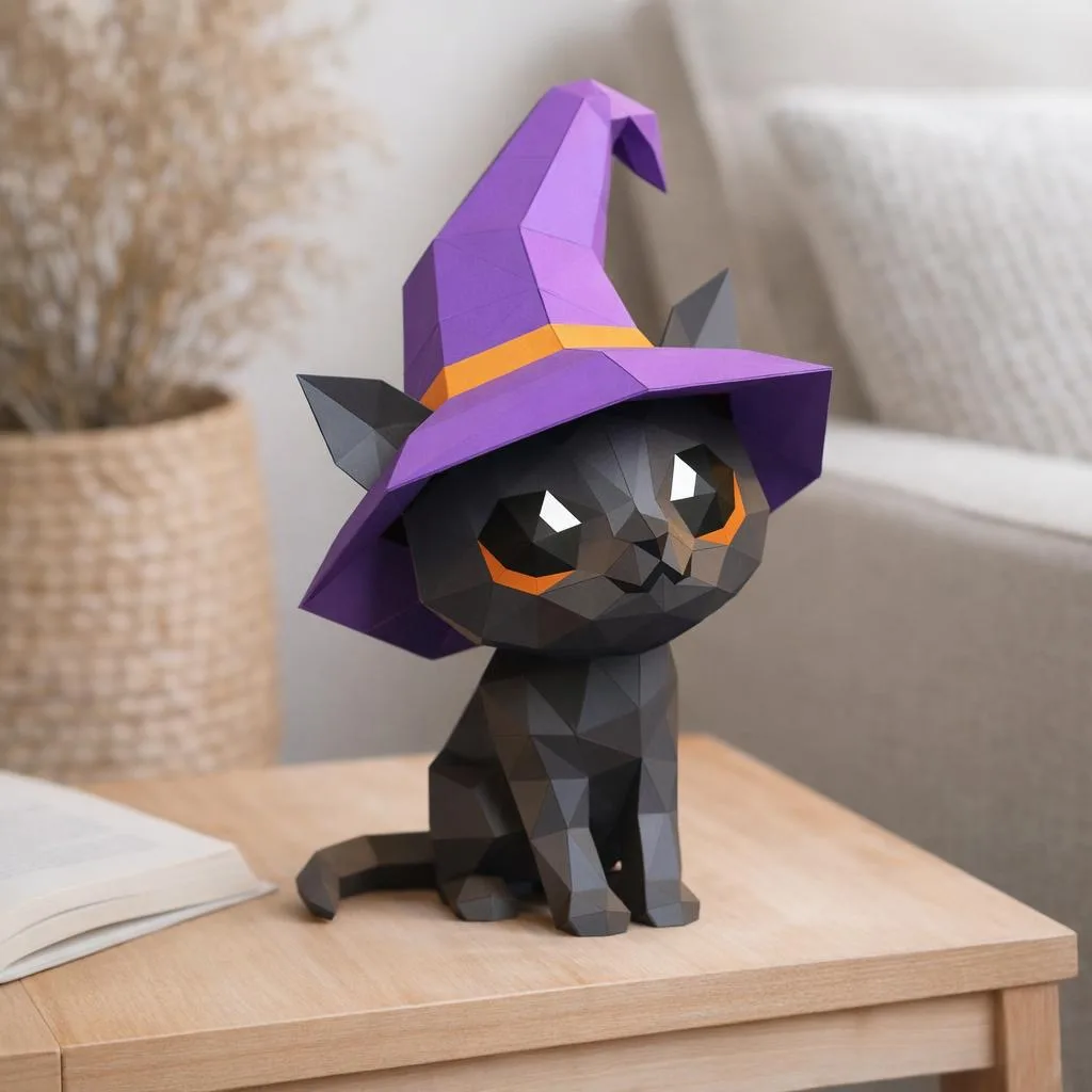 Papercraft einer kleinen schwarzen Zauberer-Katze in Origami