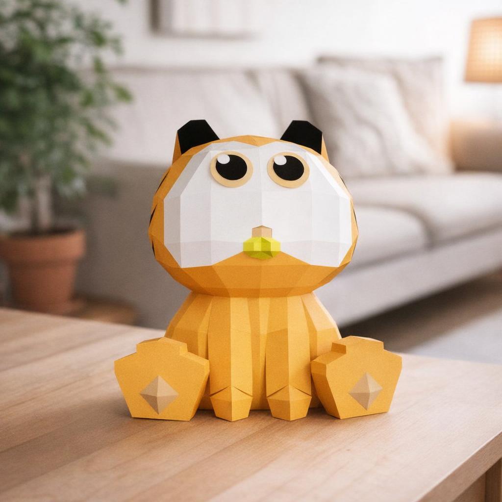 Papercraft de petit chat orange à gros yeux en origami 3D