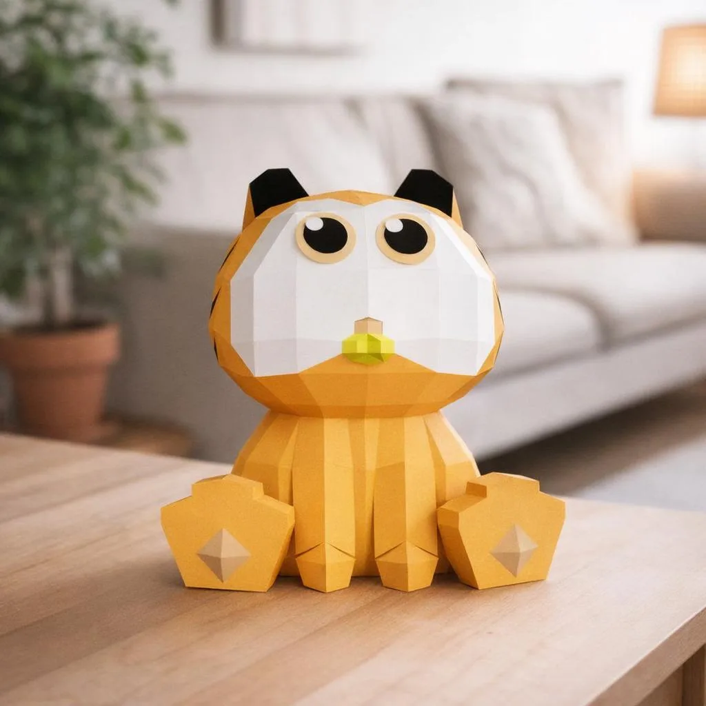 Papercraft kleiner orangefarbener Kater mit großen Augen als 3D-Origami