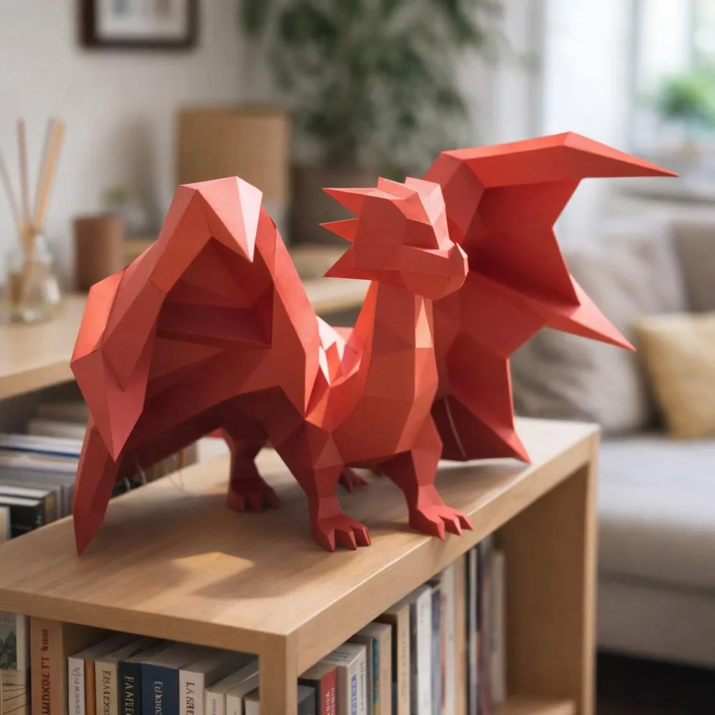 Papercraft kleiner roter Drache als vollständiges 3D-Origami