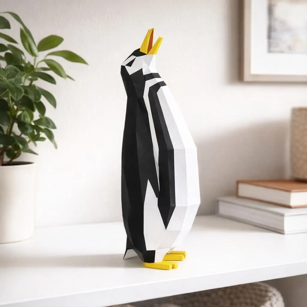 Papercraft de pinguim em pé em origami 3D