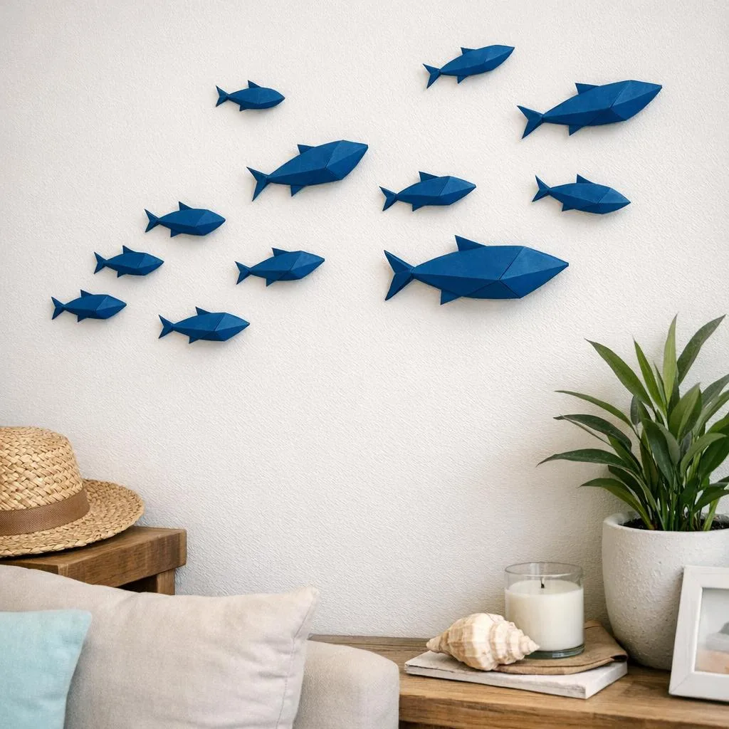 Papercraft-Schwarm blauer Wandfische im Origami-Stil