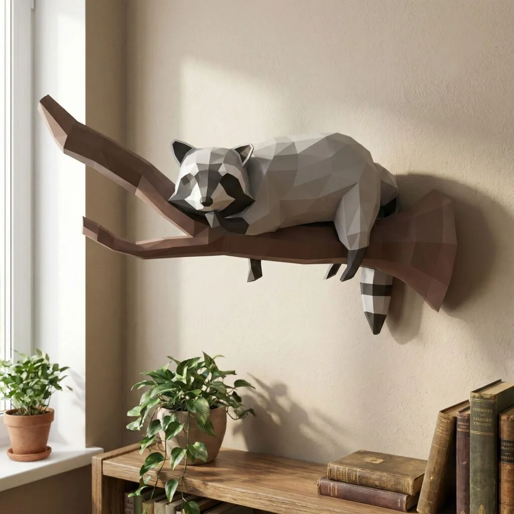 Raccoon papercraft op een tak in 3D-origami