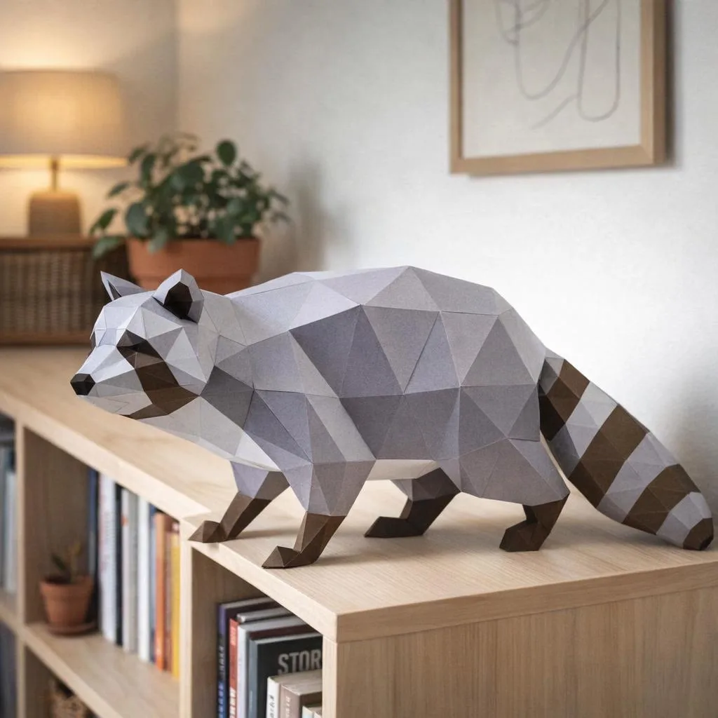 Papercraft de mapache caminando en origami 3D