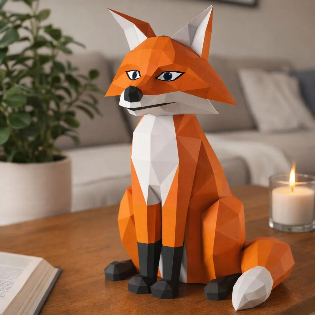Papercraft di volpe seduta con zampe nere in origami 3D