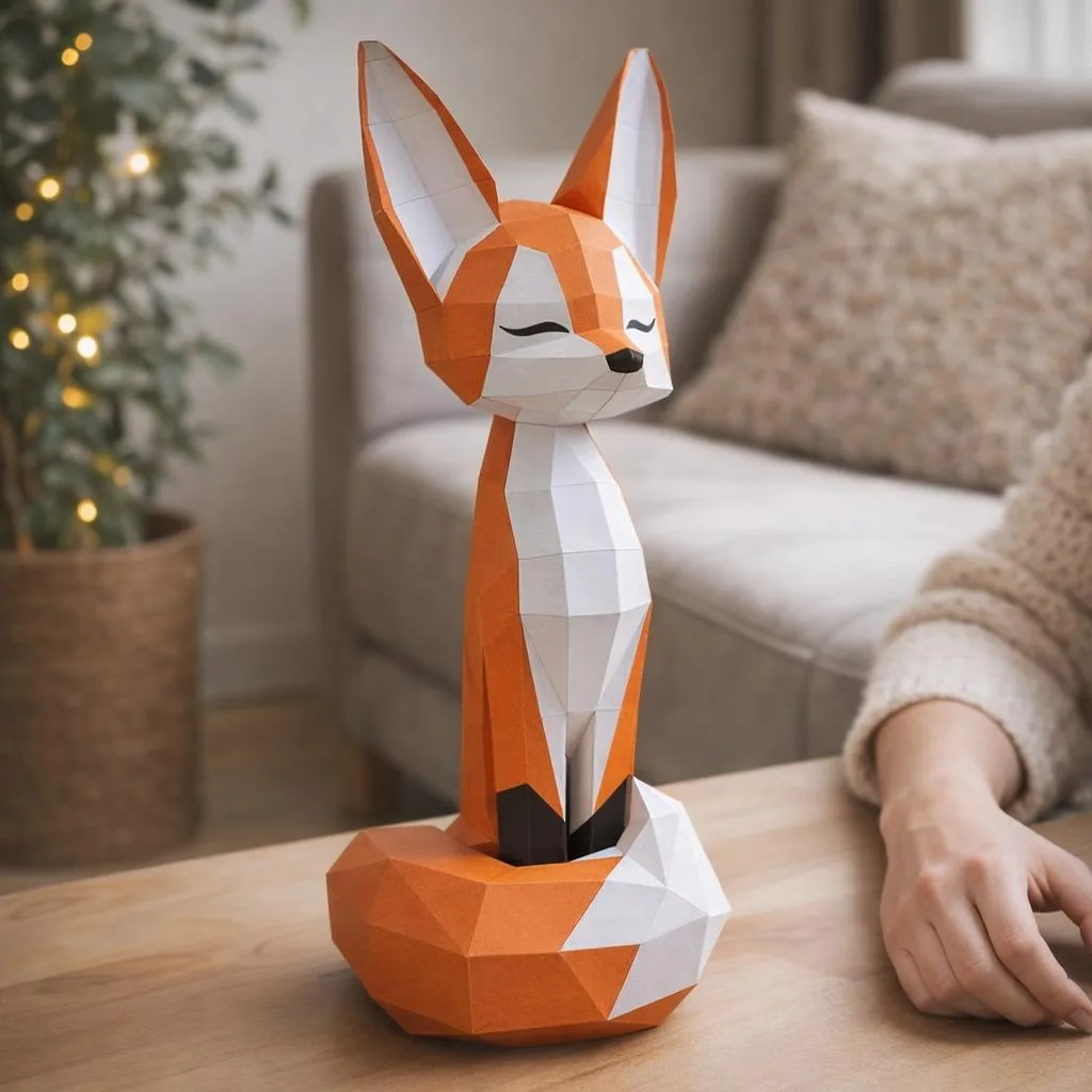 Papercraft de raposa de olhos fechados em origami 3D