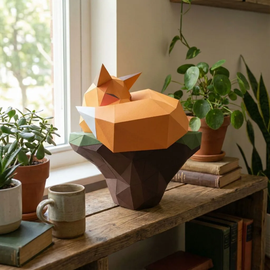 Papercraft-Fuchs auf Felsen als 3D-Origami